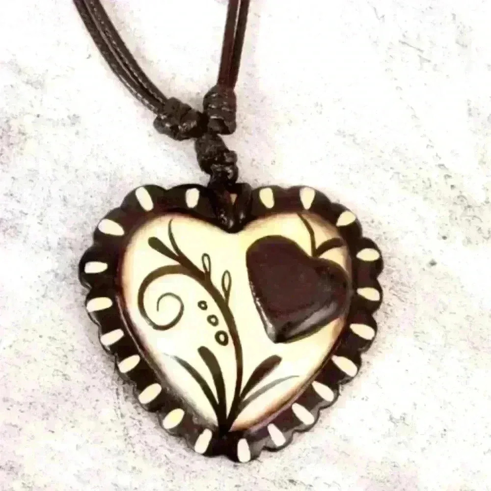 Handmade Hand-painted Large Papier Mache Necklace - "Two Loving Hearts" Pattern